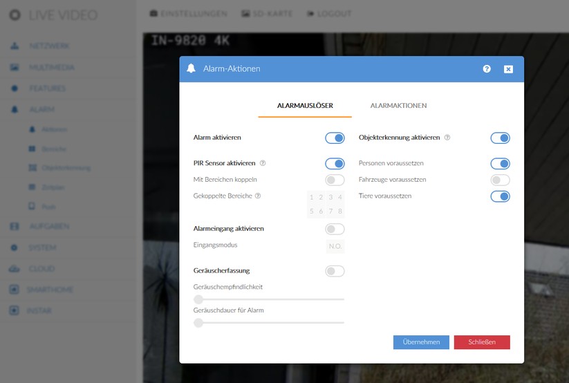Instar IN-9820 4K: Die Steuerung der Überwachungskamera gelingt mit App oder Browser. Zudem kann sie auch in Smart-Home-Zentralen wie Home Assistant (Onvif, MQTT) und Drittherstellerlösungen wie Synology Surveillance Station eingebunden werden.