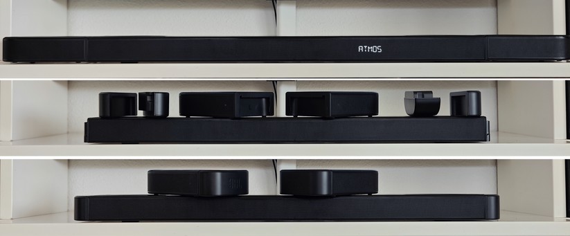 JBL Bar 1000MK2: Dank abnehmbarer und akkubetriebener Lautsprecher lässt sich Soundbar sehr flexibel einsetzen. Für Filme kann man die Lautsprecher als Rears nutzen und zur Musikwiedergabe sorgen sie an der Soundbar angesteckt für eine breitere Bühnenabbildung.