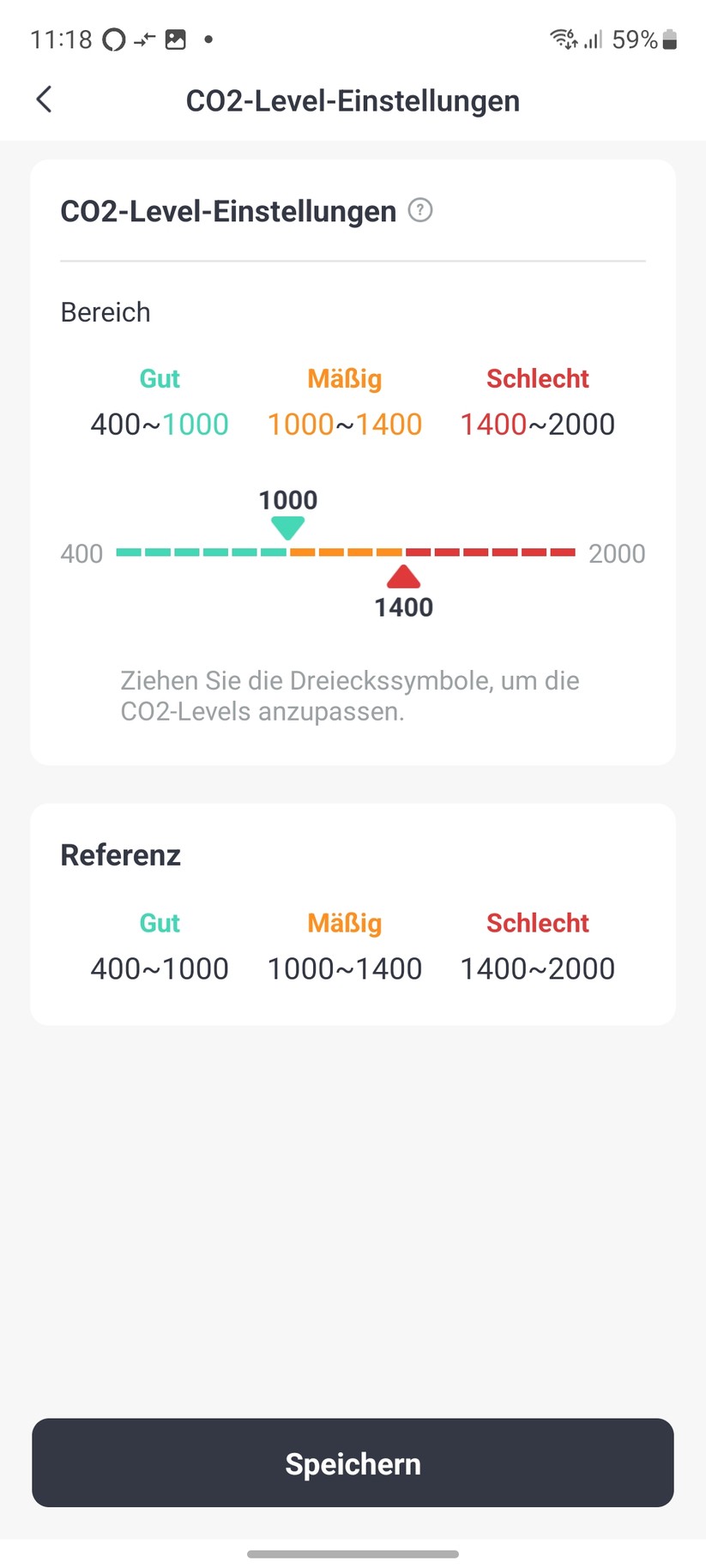 Switchbot Meter Pro CO₂: Die Switchbot-App erlaubt eine umfassende Konfiguration des Geräts. Man kann etwa Warnbedingungen zu jedem Sensor definieren.