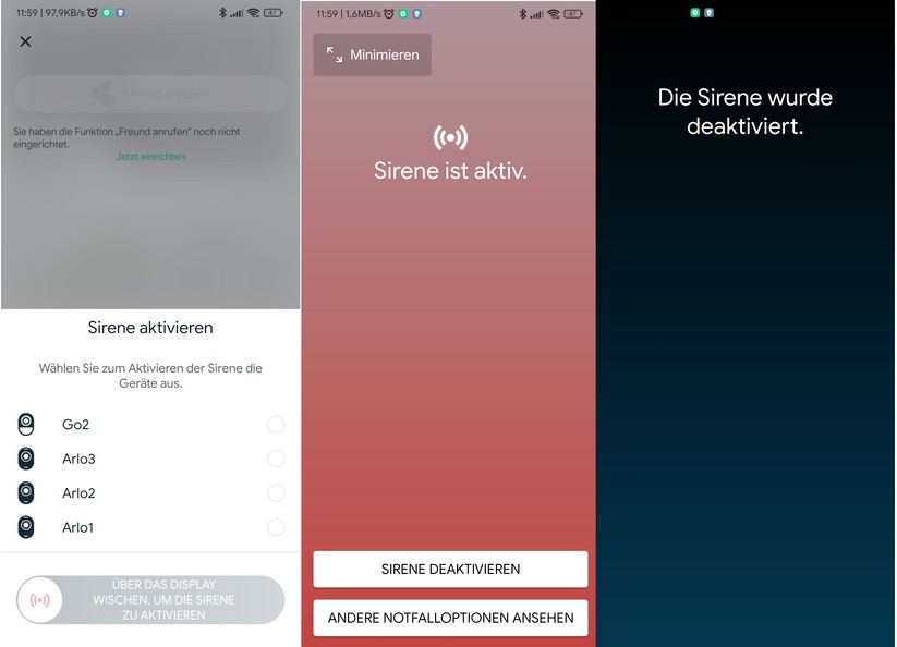 Arlo Go 2: Die Sirene wechselt zwischen einem konstanten und einem heulenden Warnton.