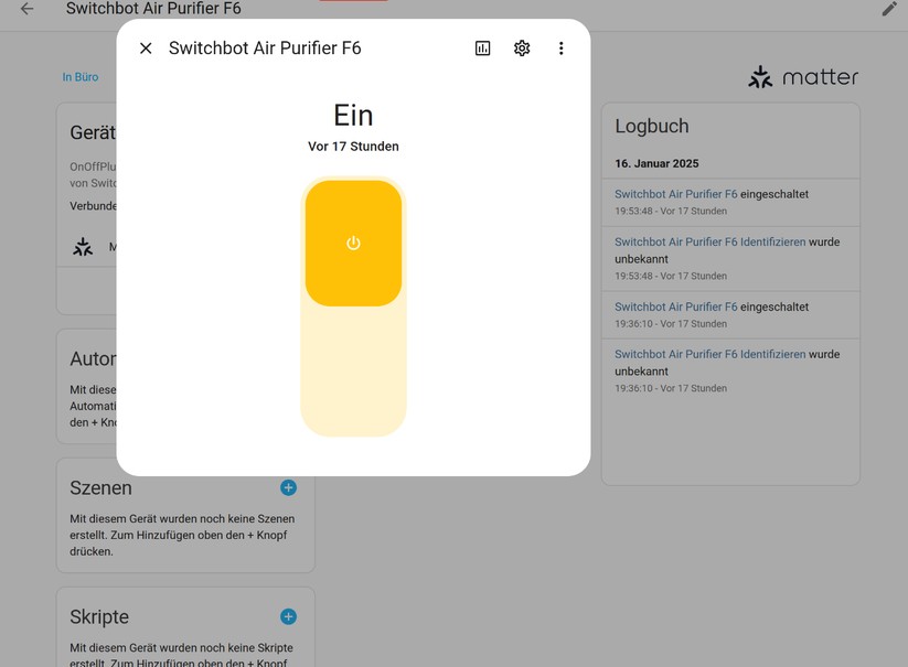 Switchbot Luftreiniger F6: Eine Integration in Home Assistant ist über Matter und einem Switchbot-Hub möglich. Allerdings kann man das Gerät lediglich ein- und ausschalten. Später soll der Luftreiniger direkt Matter unterstützen. 