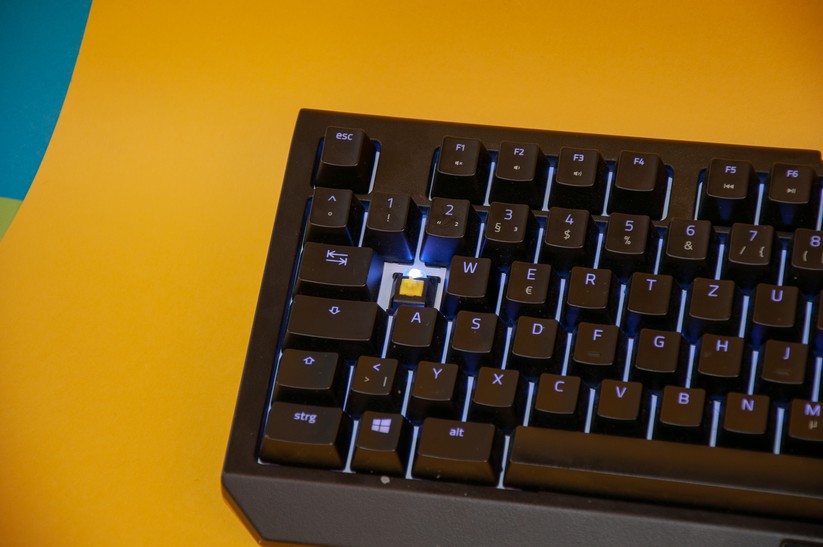 In der Tastatur sind Razer Yellow Switches verbaut. die LED sitzt jeweils oberhalb des Tasters. 