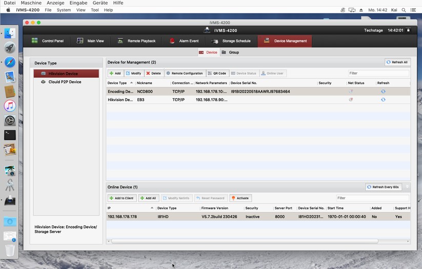 Annke NC500: Bedienung mit IVMS 4200 unter macOS