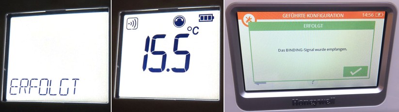 Die Bestätigung der erfolgreichen Verbindung geschieht über das Thermostat und das zentrale Bediengerät.