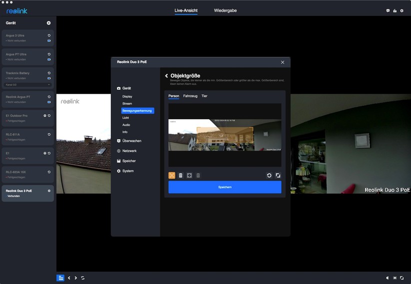 Reolink Duo 3: Motion Track aka Bewegungsspur, Konfigurationsmöglichkeiten und Testaufnahmen