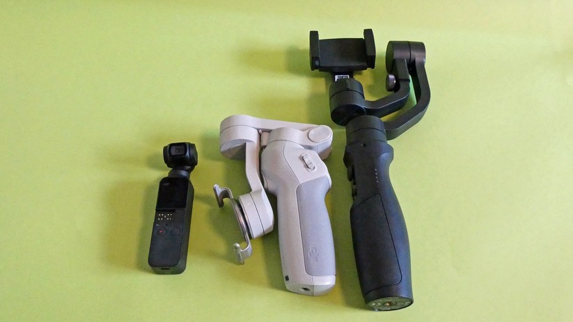 Von links nach rechts: DJI Osmo Pocket, DJI OM4 und das Gimbal von Rollei.