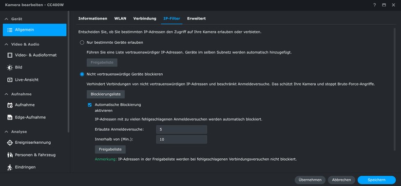 Synology CC400W: Die KI-Überwachungskamera bietet zahlreiche Einstellungsmöglichkeiten. Dazu zählen neben der typischen Erkennung von Personen und Fahrzeugen auch die Möglichkeit, diese zählen zu lassen. Die Bildqualität tagsüber geht in Ordnung. Dank HDR bietet sie ein ausgewogenes Bild. Bilder bei Dunkelheit sind aber nur mittelnäßig.