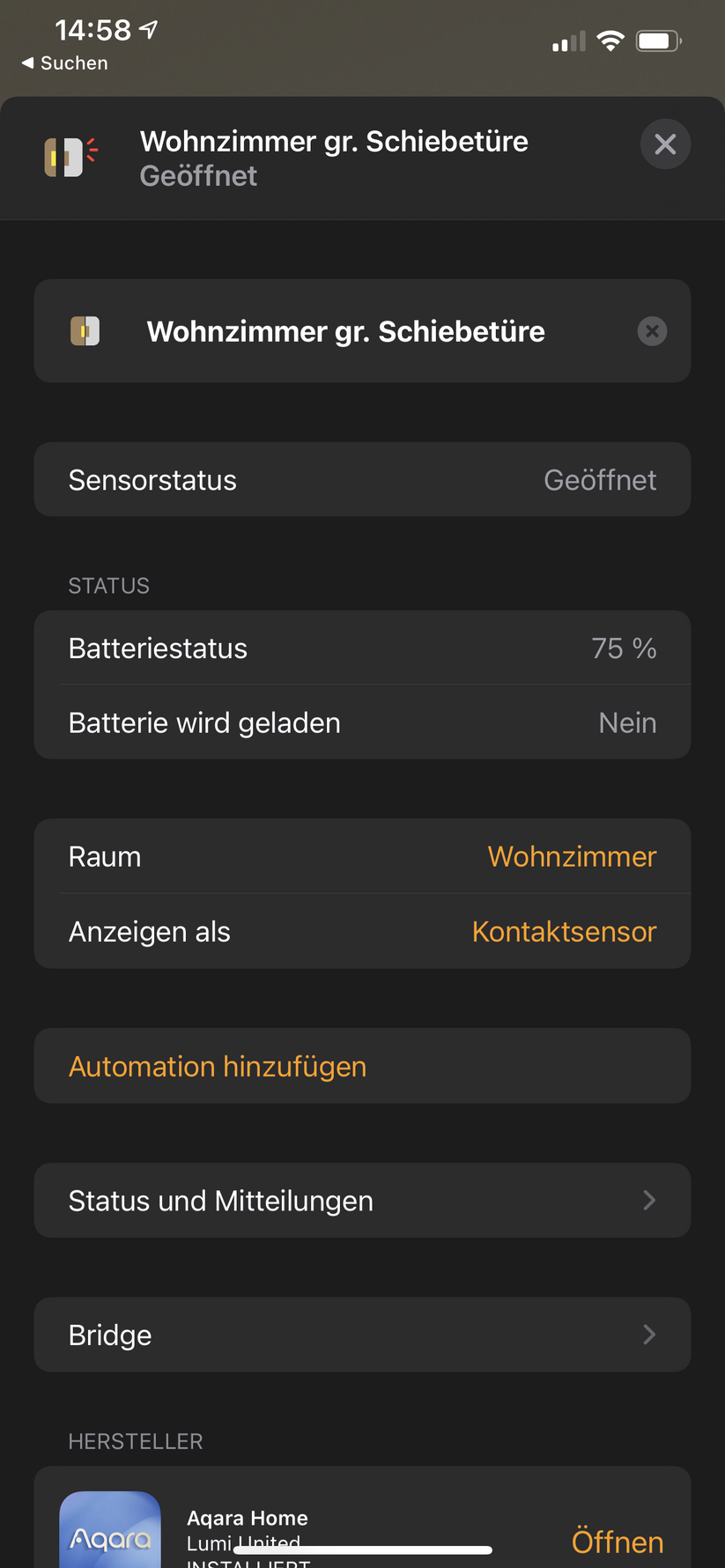 Hier noch ein Blick auf einen der Öffnungs-Sensoren in der Apple-Home-App.