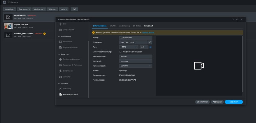 Die CC400W bietet auch einen Zugriff per Browser. Dort kann man sie auch auf Onvif umstellen, um sie etwa mit Hoem Assistant zu steuern. Allerdings steht sie in diesem Fall nicht mehr unter Synology Surveillance Station zur Verfügung, respektive die Einbindung per Onvif führt dort zu Verbindungsabbrüchen. 