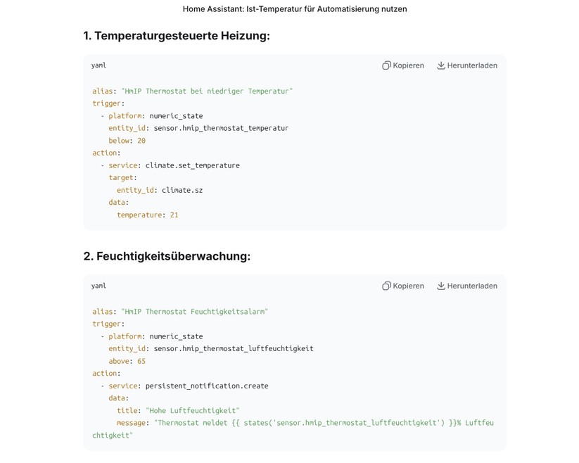 Eine Integration des Homematic IP Glas-Wandthermostats in Home Assistant ist möglich, bietet allerdings nicht sehr viele Funktionen, sodass manuelle Anpassungen nötig sind. Dank KI-Tools hält sich der Aufwand dafür allerdings in Grenzen.