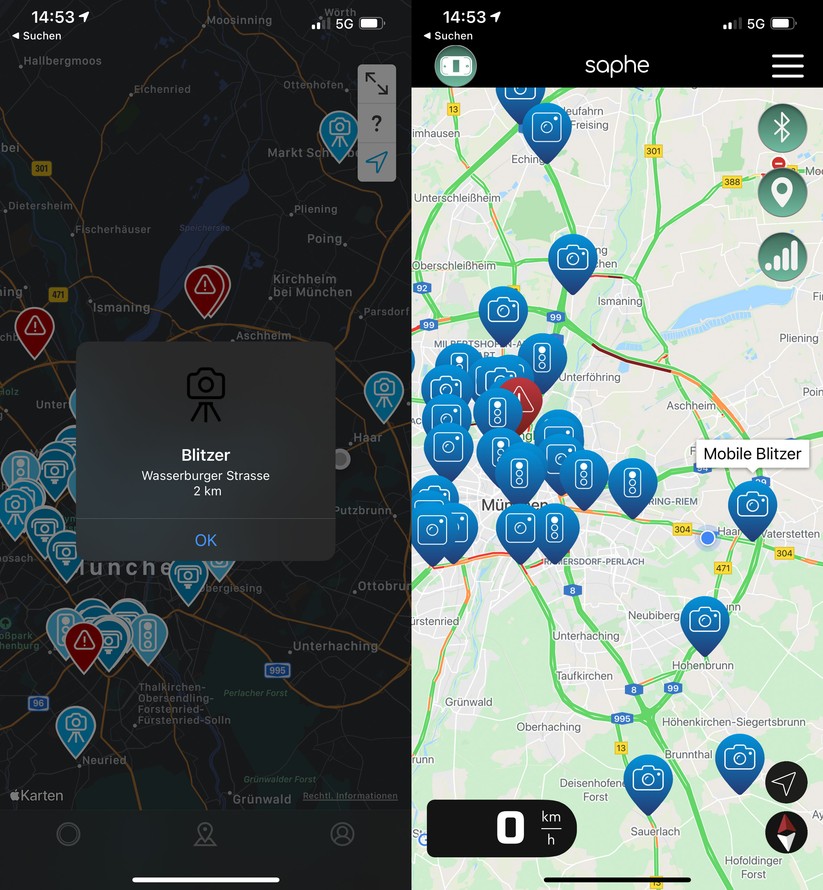 Datenvergleich: Mobile Blitzer tauchen in der Ooono-App (links) etwa zeitgleich wie in der Saphe-App auf.