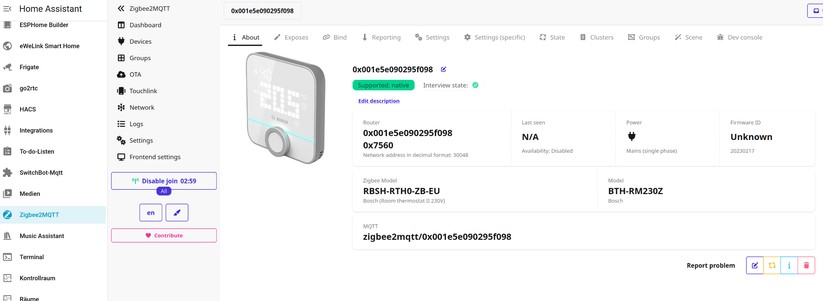 Bosch Raumthermostat II: Für die direkte Integration in Home Assistant ohne Bosch-Hub muss man beim Anlernen den Zigbee-Code hinzufügen. Erst damit erscheinen sämtliche Entitäten des Geräts unter Home Assistant.