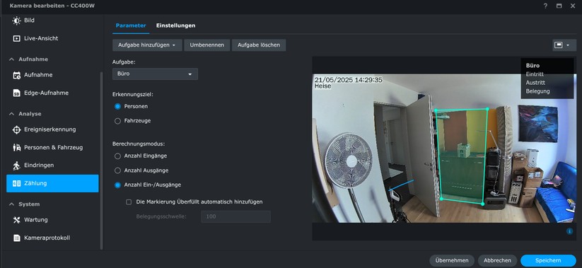Synology CC400W: Die KI-Überwachungskamera bietet zahlreiche Einstellungsmöglichkeiten. Dazu zählen neben der typischen Erkennung von Personen und Fahrzeugen auch die Möglichkeit, diese zählen zu lassen. Die Bildqualität tagsüber geht in Ordnung. Dank HDR bietet sie ein ausgewogenes Bild. Bilder bei Dunkelheit sind aber nur mittelnäßig.