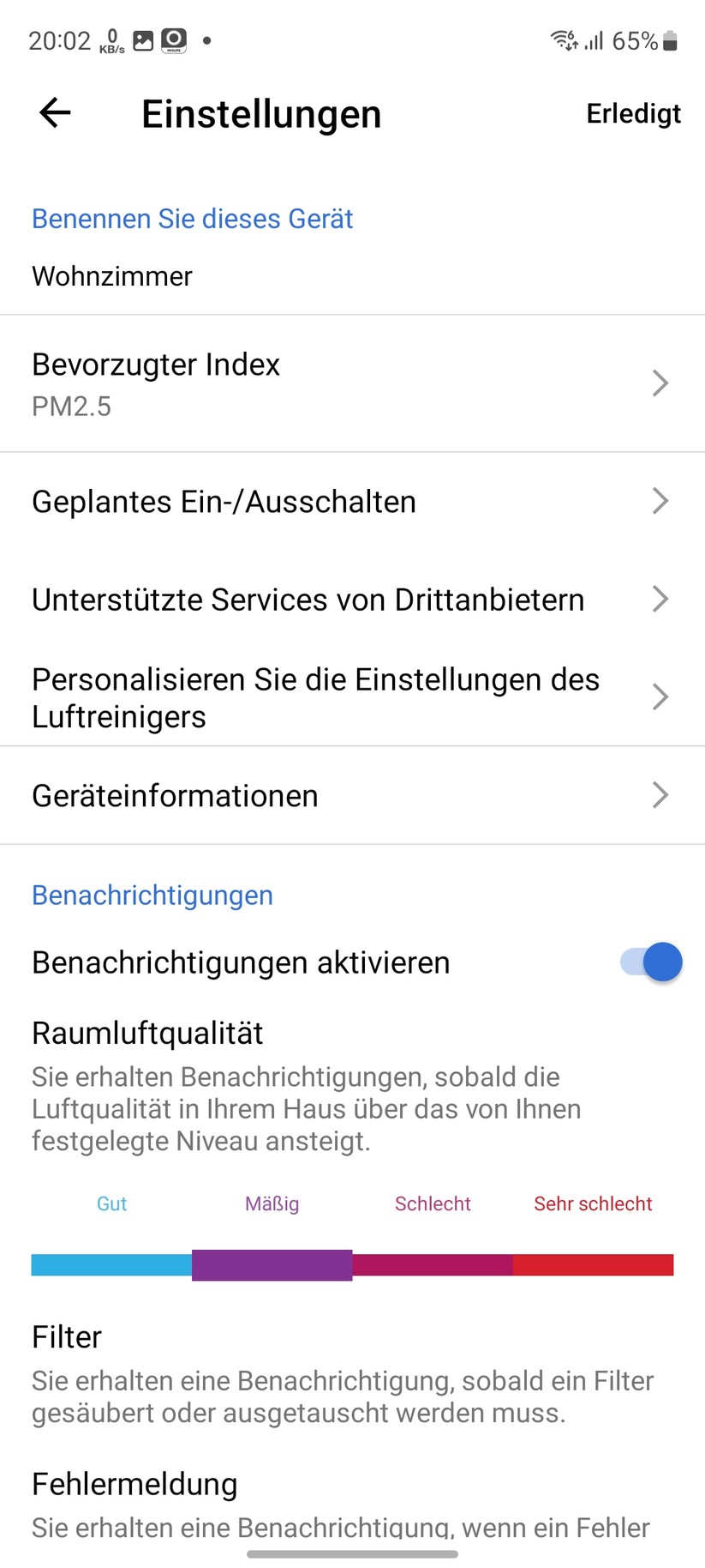 Philips AC3033/10: App, Einrichtung, Einstellungen