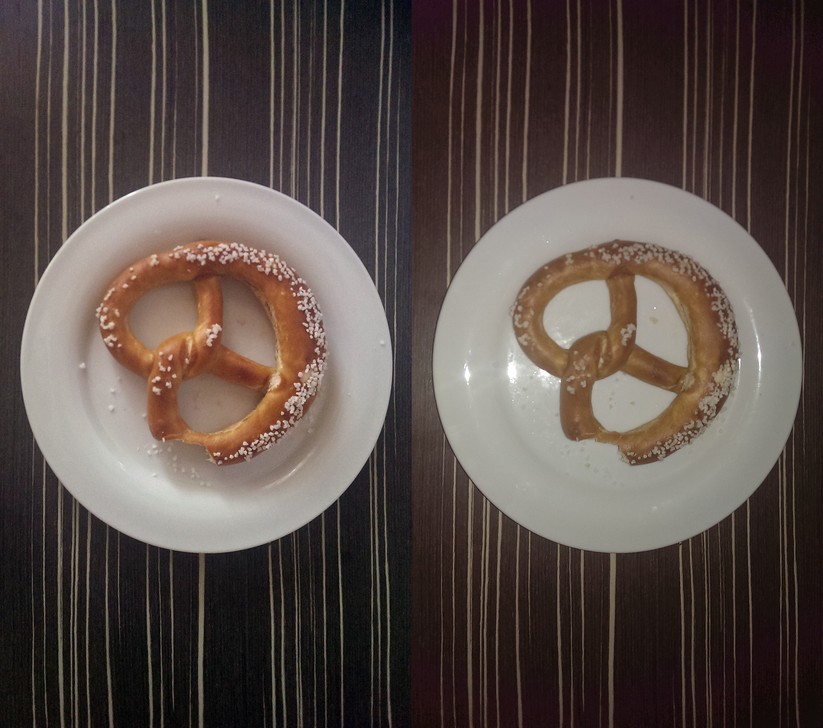 Mit Blitz (rechts) sieht diese Brezn nicht gerade appetitlich aus.