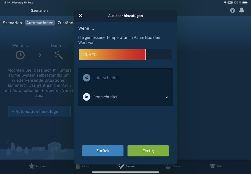 Die Bosch-App bietet außerdem Automatisierungen, mit denen man etwa das Thermostat ausschalten kann, sobald eine bestimmte Temperatur erreicht wurde.