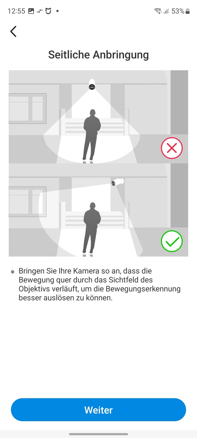 TP-Link C425: Das Set-up der Überwachungskamera erfolgt mit der Tapo-App, für die allerdings ein Konto erforderlich ist. Die App informiert dabei nicht nur die Funktionen der C425, sondern gibt auch Tipps zum Aufstellort.