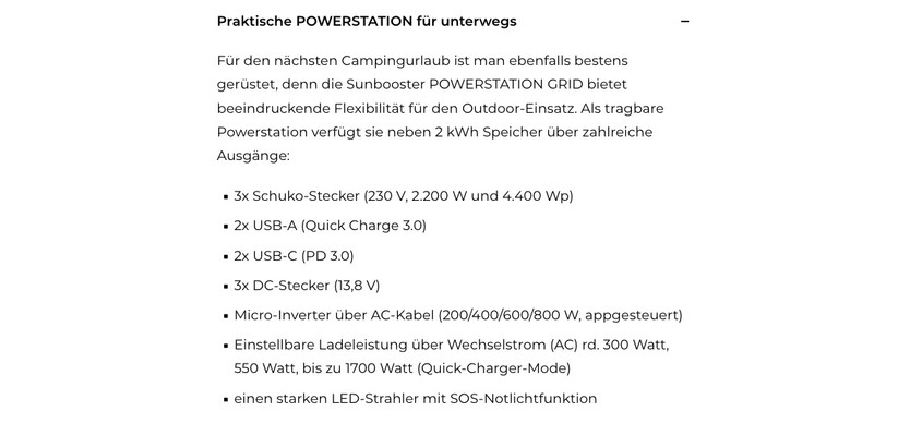 Sunbooster Powerstation Grid: Herstellerbeschreibung, Technische Daten