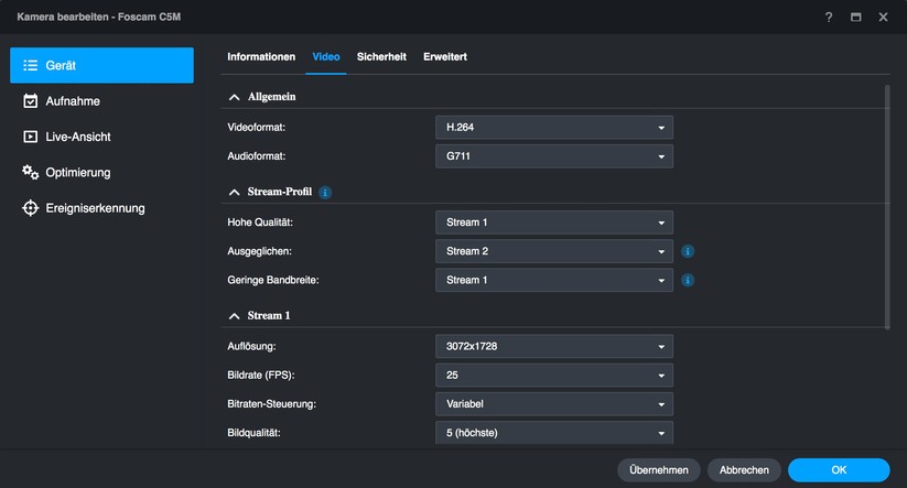 Foscam C5M 3K: Für die Steuerung der Überwachungskamera gibt es auch eine Desktop-Anwendung. Außerdem können Anwender dank Onvif-Support die C5M 3K auch mit Synology Surveillance Station betreiben und in Smart-Home-Zentralen wie Home Assistant einbinden.