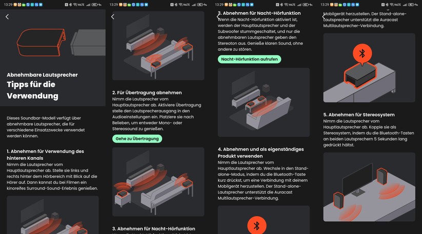 Die abnehmbaren Akku-Rears dienen nicht nur als Surround-Lautsprecher hinter der Hörposition, sondern können auch als Bluetooth-Box verwendet werden.