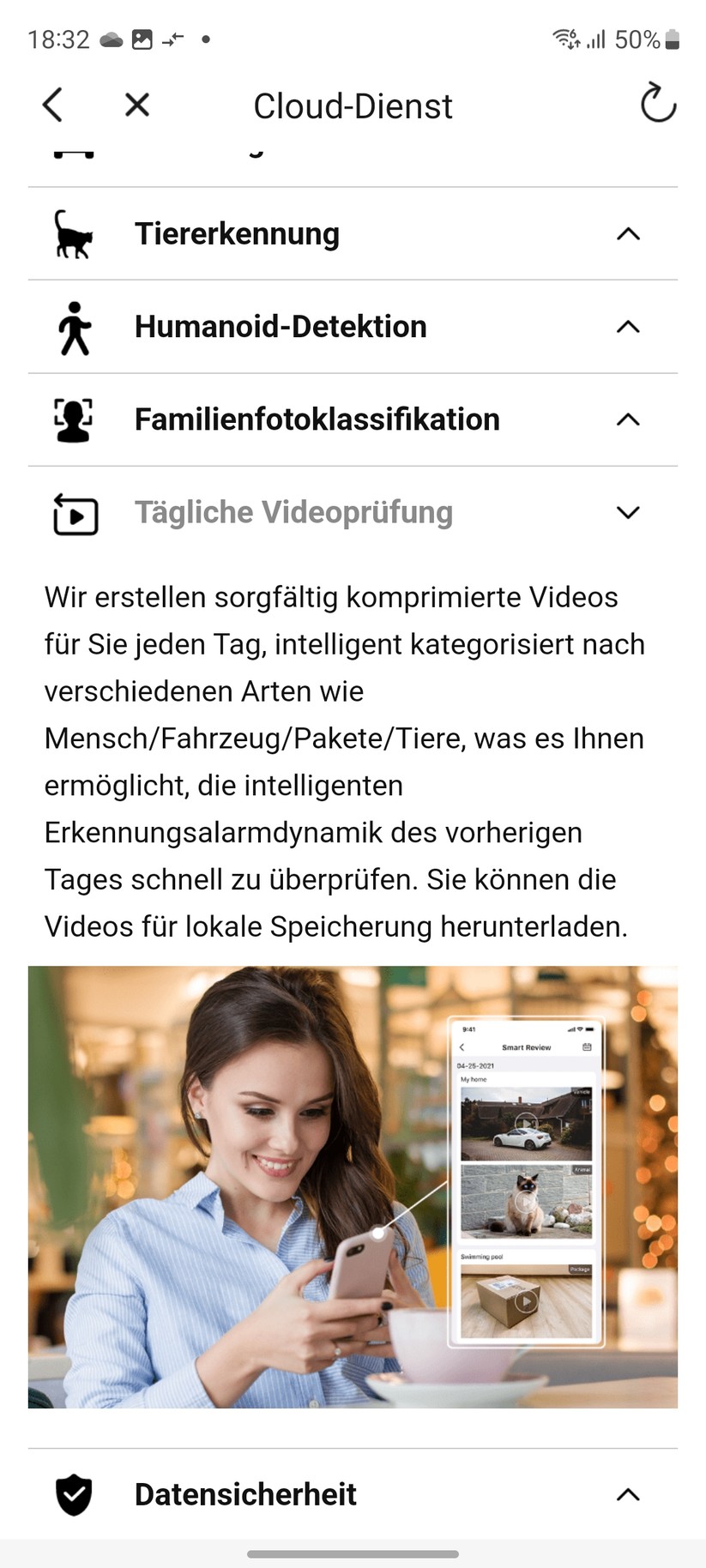 Foscam C5M 3K: Standardmäßig erkennt die Überwachungskamera Personen und Tiere. Weitere Erkennungsfunktionen bietet das kostenpflichtige Cloud-Abo.