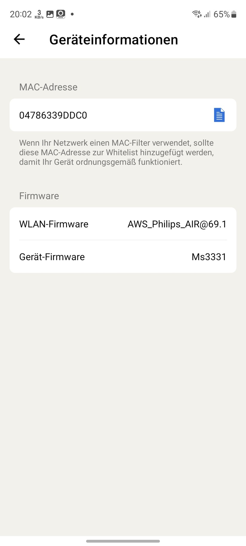 Philips AC3033/10: App, Einrichtung, Einstellungen