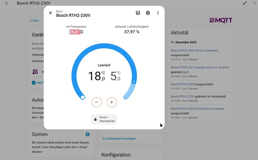 Bosch Raumthermostat II: Für die direkte Integration in Home Assistant ohne Bosch-Hub muss man beim Anlernen den Zigbee-Code hinzufügen. Erst damit erscheinen sämtliche Entitäten des Geräts unter Home Assistant.