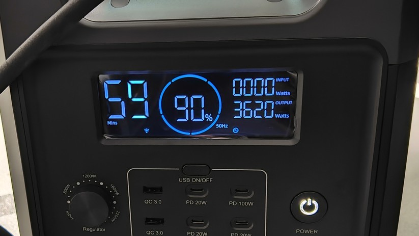 Im Bedienbereich befindet sich ein Bildschirm, der alle wichtigen Betriebsdaten auf einen Blick anzeigt. Dazu zählen die aktuelle Ein- und Ausgangsleistung, der Ladezustand des Akkus, die verbleibende Lade- oder Betriebszeit sowie die Frequenz der Wechsel- und Gleichstromausgänge. Zusätzlich zeigen kleine Symbole bestimmte Betriebszustände wie WLAN, Temperatur, Stromeingang et cetera an.