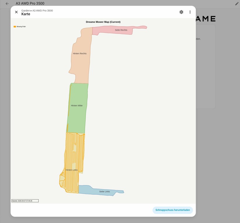 Dreame A3 AWD Pro 3500: Für Home-Assistant gibt es eine community-basierte Integration, die allerdings an die Dreame-Cloud gekoppelt ist. Eine lokale Ansteuerung ist nicht möglich. Mit der Integration hat man Zugriff auf viele Betriebsdaten wie dem Akku-Status und dem Mähfortschritt.