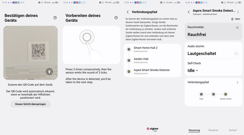 Viele Smart-Home-Geräte sind mit Smartthings kompatibel. Das erkennt man meist an dem Smartthings-Logo auf der Verpackung. Zigbee-Geräte, wie der Aqara-Rauchmelder, lassen sich direkt mit dem Smartthings-Hub von Aeotec anlernen. 