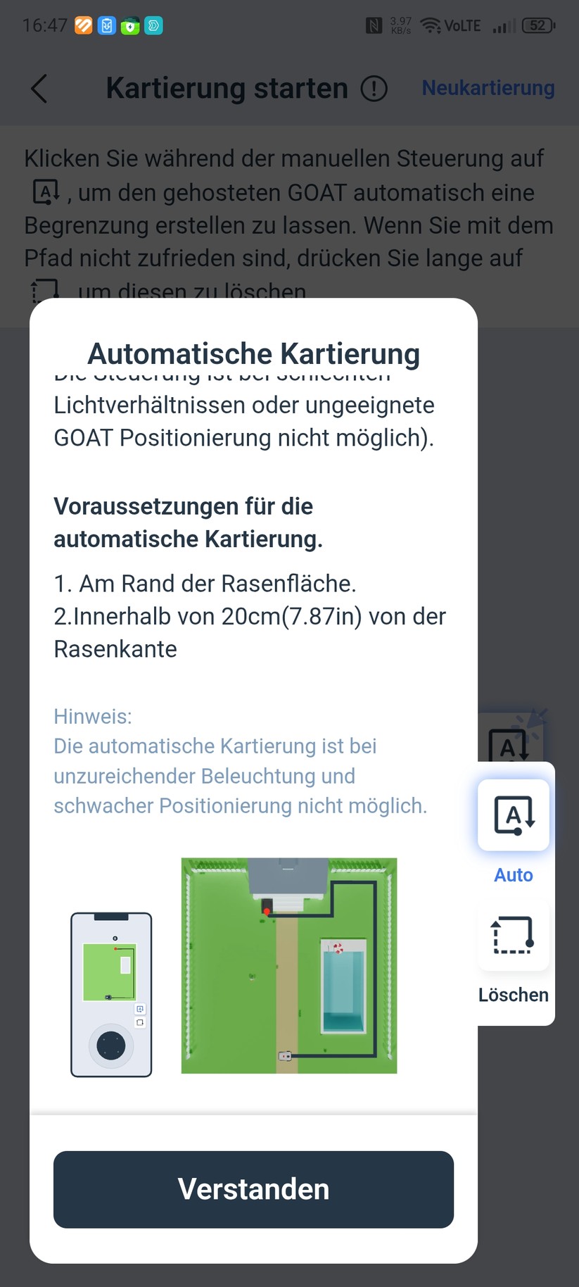 Der Ecovacs Goat A3000 LiDAR bietet eine automatische Kartierung, die allerdings nur funktioniert, wenn die Rasenfläche klar abgegrenzt ist. In unserem Test-Garten mit offenen Übergängen kartieren wir manuell. Die Methode liefert in jedem Fall die präziseren Ergebnisse.