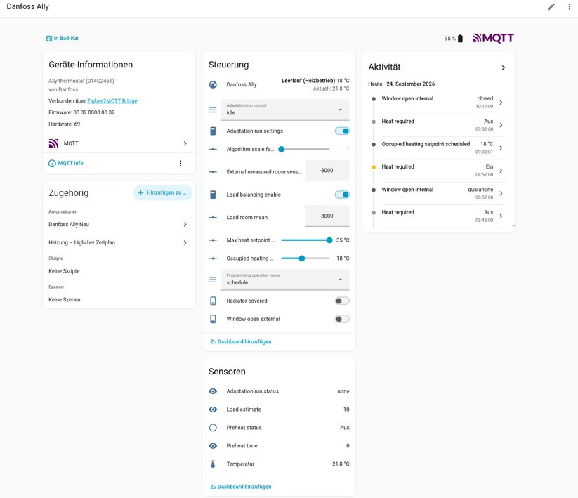 In Home Assistant zeigt das Danfoss Ally seine wahre Stärke: Über 30 Entitäten ermöglichen tiefe Einblicke und präzise Steuerung, während Community-Blueprints die Gateway-Funktionalität nachbilden – eine Flexibilität, die die Hersteller-App schmerzlich vermissen lässt.