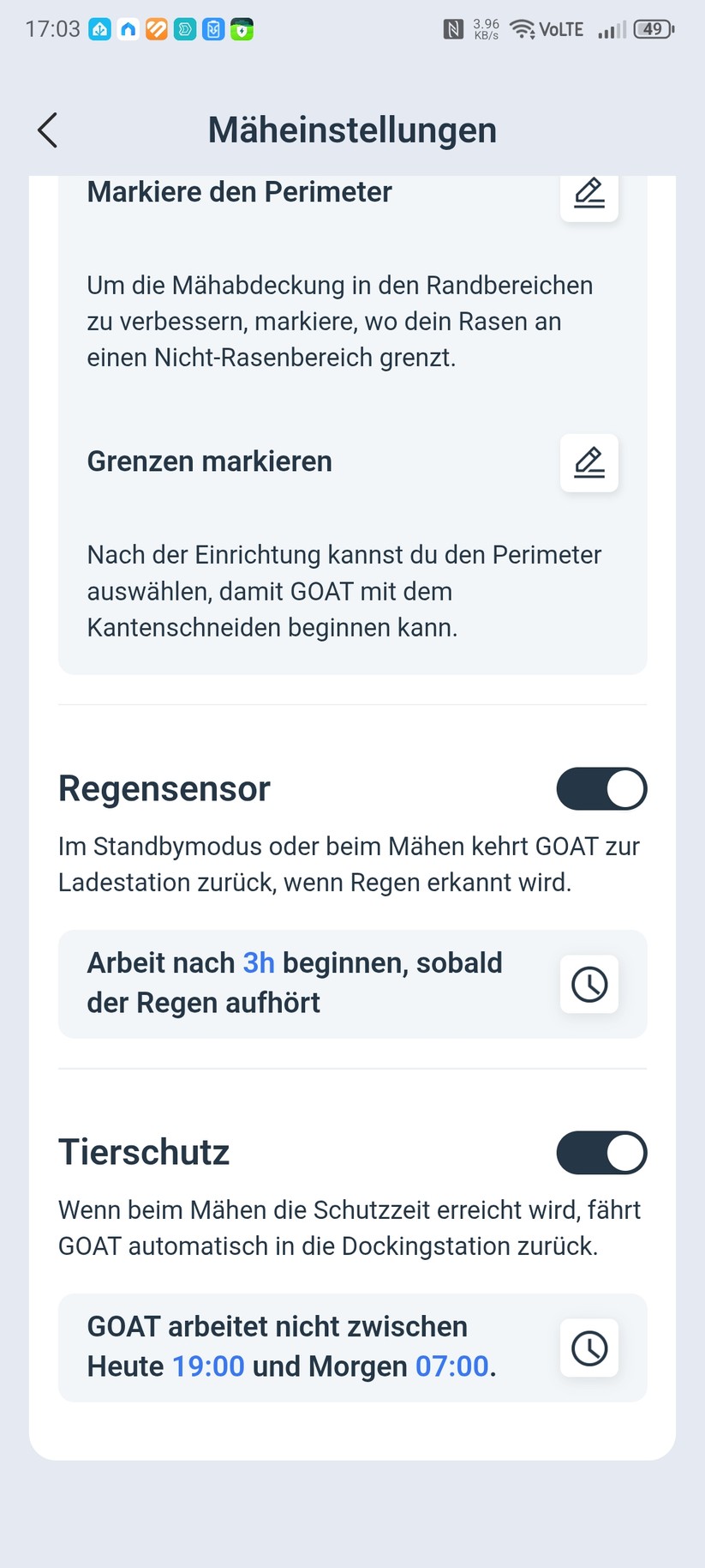 Die App erlaubt die Konfiguration alle relevanten Mähparameter pro Zone. 