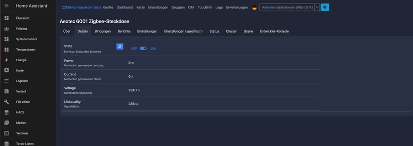 Unter Home Assistant werden die Verbrauchswerte der Aeotec-Steckdose angezeigt.