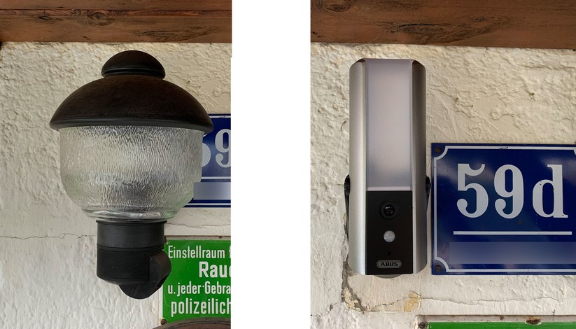 Vorher - Nachher: Die WLAN-Lichtkamera ersetzt normale Außenleuchten.