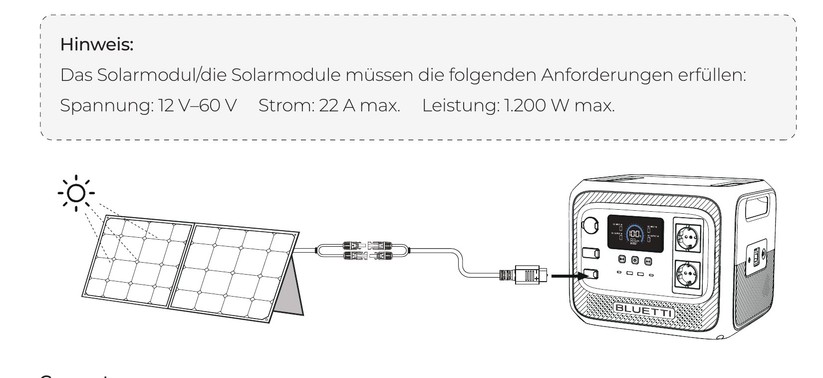 Bluetti Elite 300: Solarpanels mit 12–60 V mit maximal 22 A können die Powerstation mit bis zu 1200 W laden.
