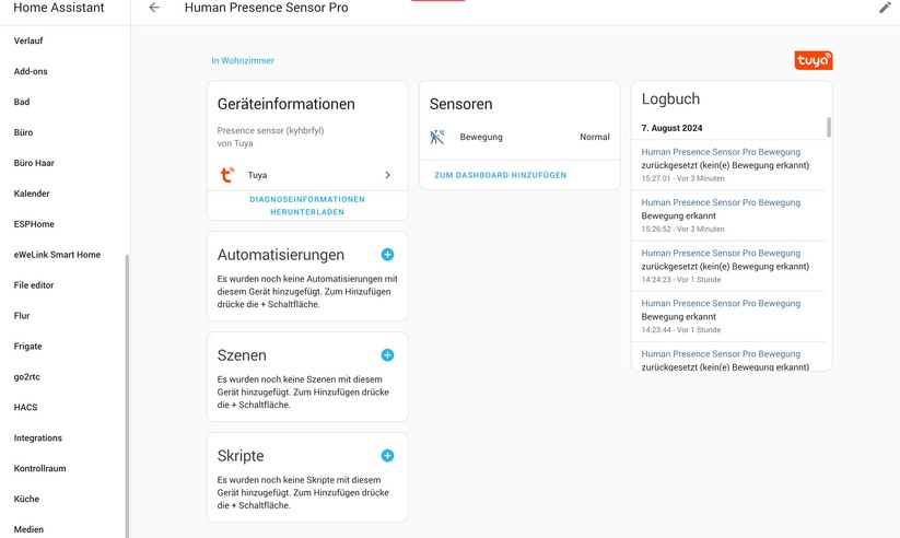 Human Presence Sensor Pro: Die Integration in Home-Assistant über die Tuya-App bietet nur wenig Einstellmöglichkeiten.