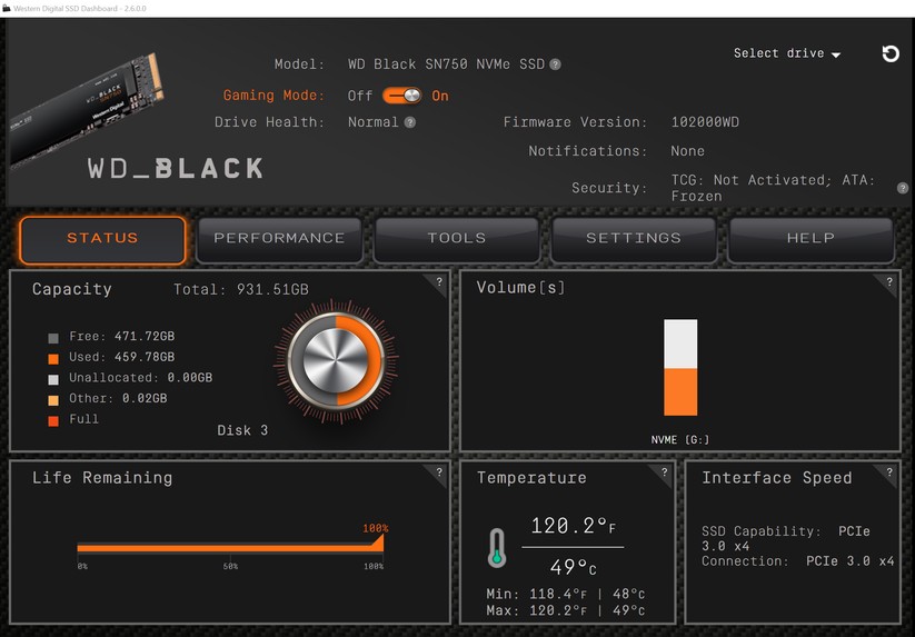 Das Dashboard für die WD Black SN750 ist ganz in Carbon gehalten. Hier kann man den Game Mode an- oder ausschalten, danach ist ein Neustart fällig. 