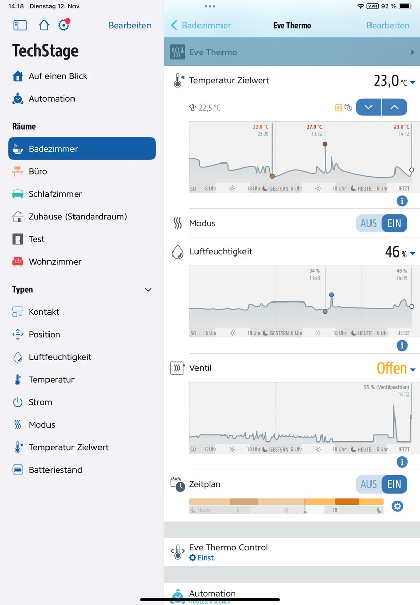 Eve Thermo: Die Eve-App bietet nicht nur umfassende Konfigurationsmöglichkeiten, sondern informiert mit aussagekräftigen Grafiken über den Verlauf von Temperatur, Luftfeuchtigkeit und Ventilsteuerung.