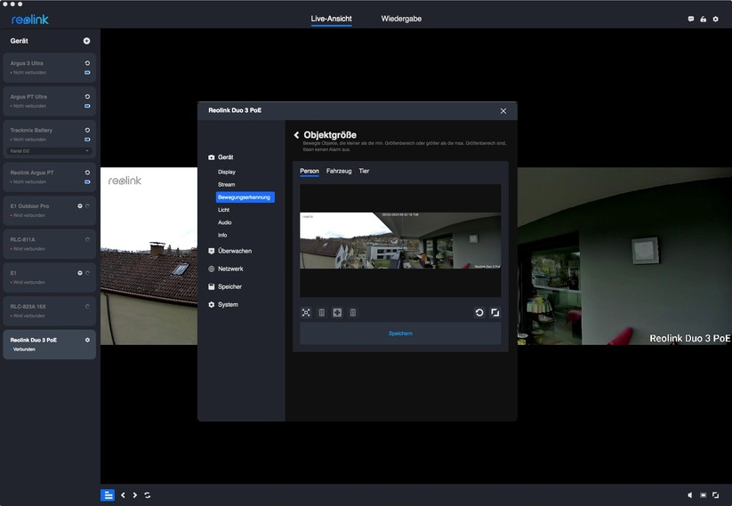 Reolink Duo 3: Motion Track aka Bewegungsspur, Konfigurationsmöglichkeiten und Testaufnahmen