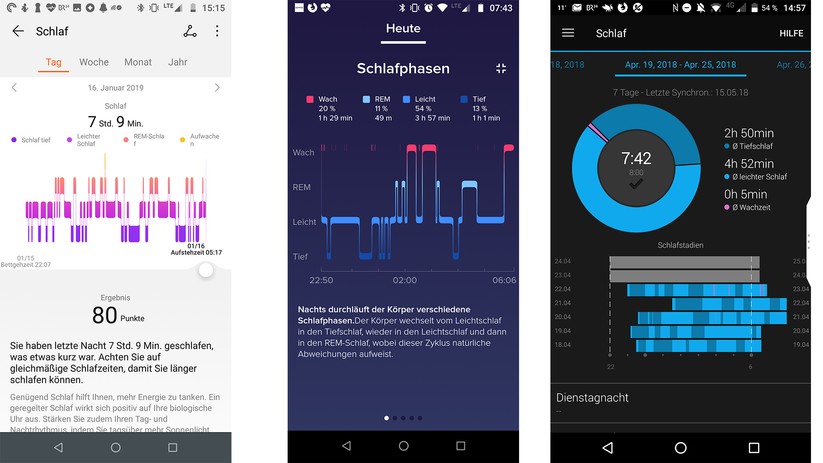 Drei verschiedene Schlaf-Tracking-Apps:Links ist die von Huawei, mittig ist Fitbit, rechts Garmin. 