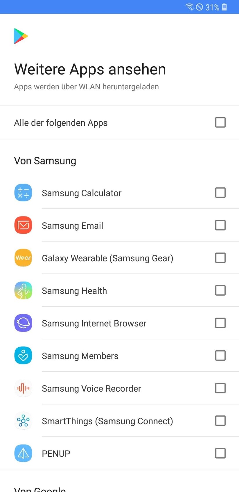 Einrichtungsassistent will Samsung-Apps aus dem Google Play Store installieren