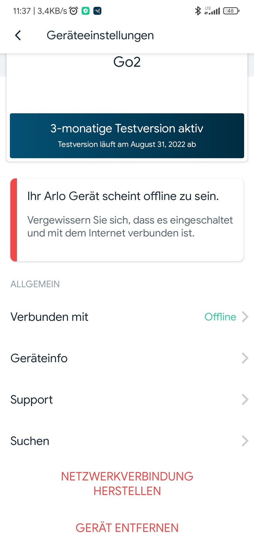 Die App meldet häufig Verbindungsprobleme mit der Arlo Go 2. Das scheint aber nicht zu stimmen, da die Überwachungskamera weiterhin Bewegungen registriert und entsprechend warnt.