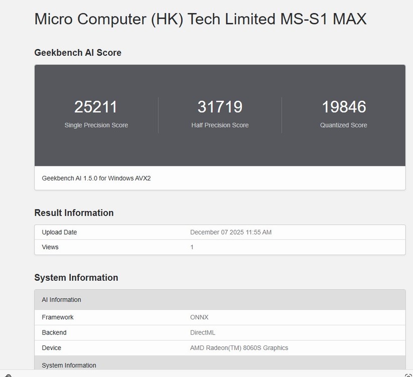 Minisforum MS-S1 Max: Geekbench AI (ONNX-GPU)