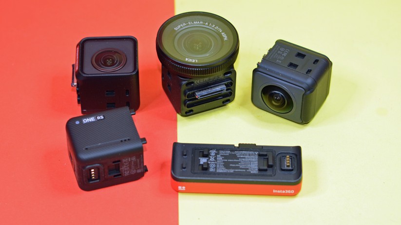 Insta360 One RS: Das neue 4K-Boost-Modul, das 1-Zoll-Modul, 360-Grad-Objektiv, MAin-Core und Akku.