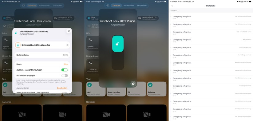 Das Switchbot Lock Ultra Vision Pro lässt sich auch in Apple Home einbinden. Allerdings sind die Steuerungsmöglichkeiten limitiert. Eine Auflistung von Vorgängen nach Benutzer und Entsperrmethode bietet nur die Switchbot-App.