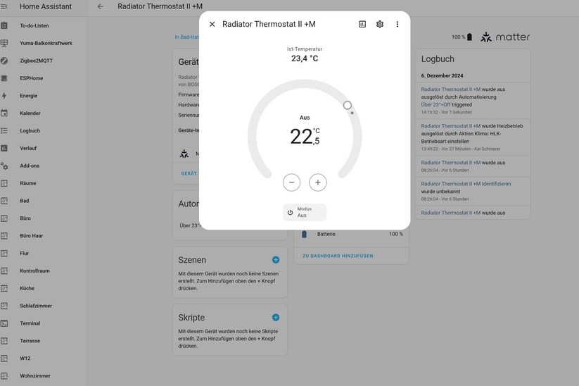 Dank Matter-Unterstützung lassen sich das Bosch-Heizkörperthermostat und der Tür-Fenster-Sensor direkt in Home Assistant einbinden. Die Heizpläne lassen sich mit Automatisierungen abbilden.