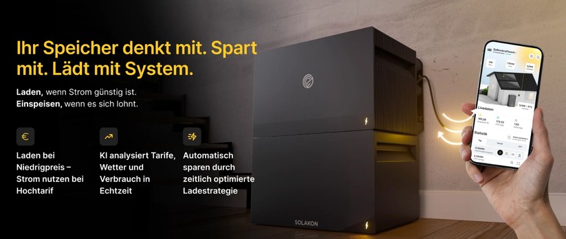 Solakon One: Der in Zusammenarbeit mit FOX Ess entwickelte Speicher bietet vier MPPTs mit einer Eingangsleistung von 2600 Watt, kann mit bis zu 1200 Watt per Stromnetz geladen werden und bietet eine Notstromsteckdose mit 2200 Watt bei Netzanschluss und 1200 Watt im Inselbetrieb. An Schnittstellen bietet Solakon One Bluetooth, LAN und WLAN.