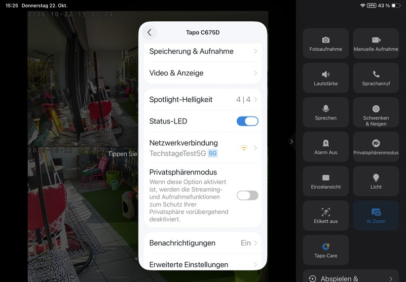 Die Tapo-App ist auch für Tablets optimiert. Sie reagiert zügig und stellt den Kamerastream nahezu verzögerungsfrei dar.