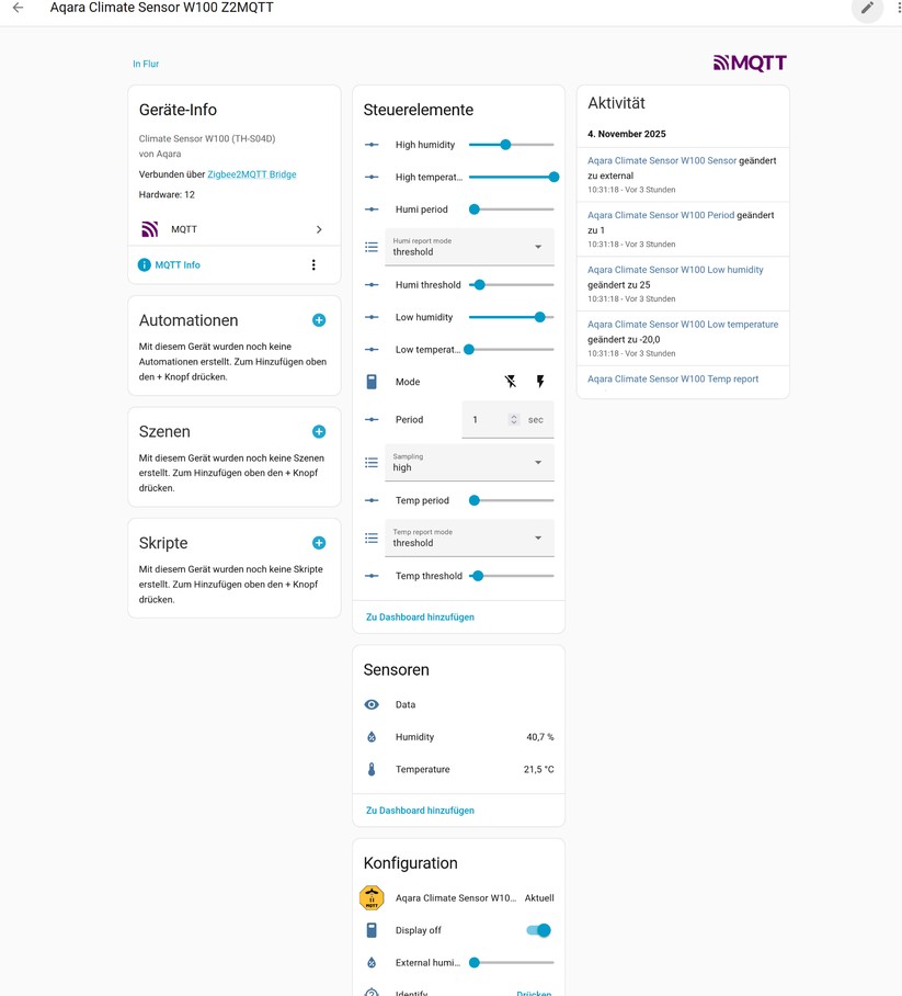 Mit Zigbee stehen auch unter Home Assistant nahezu sämtliche Funktionen des Thermostats zur Verfügung, die es in Kombination mit dem Aqara-Hub M3 bietet. Allerdings ist die Konfiguration etwas aufwendiger. Das Gleiche gilt für den Climate Sensor W100.